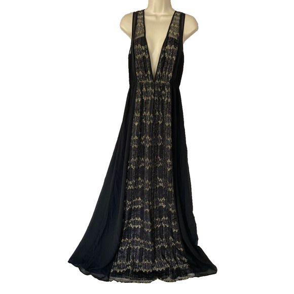 BCBGeneration Maxi Dress Small Black Illusion Lace Empire Whimsigoth Boho Glam - Picture 1 of 15
